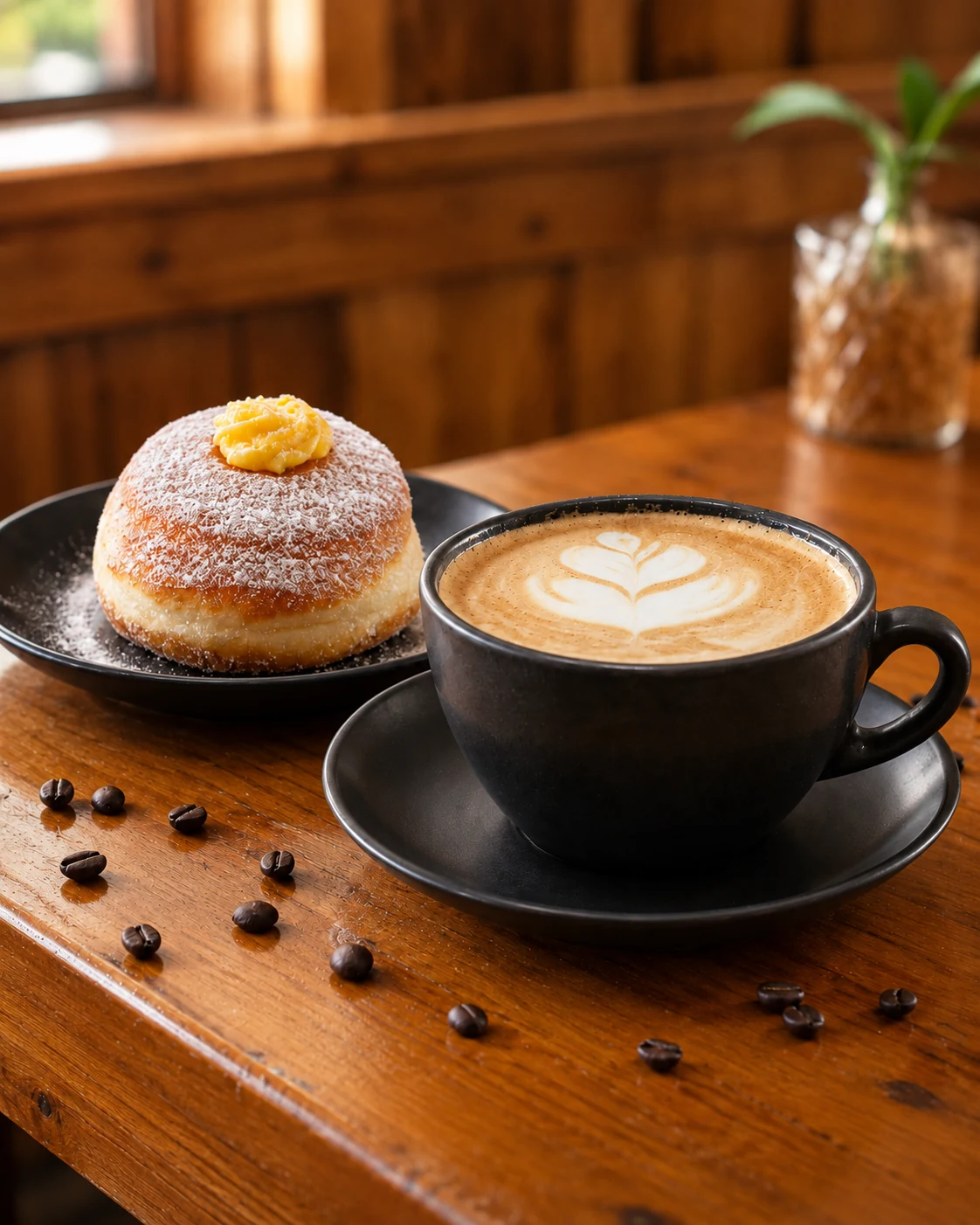 Italian cappuccino served with a custard bombolone