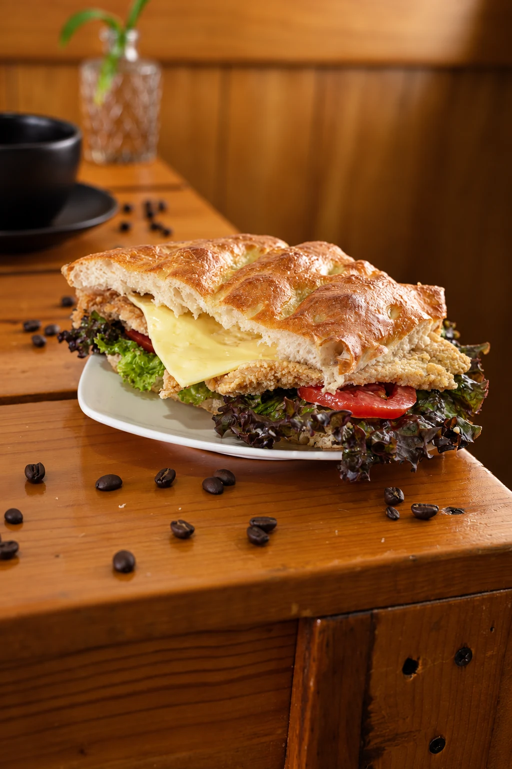 Artisan focaccia filled with chicken, cheese, lettuce and tomato
