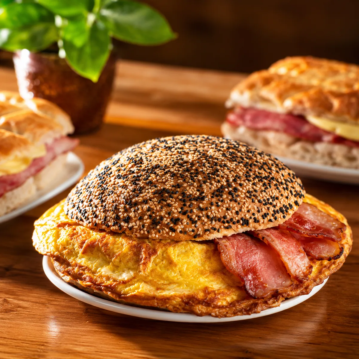 Breakfast sandwich with egg, cheese and bacon on artisan bread
